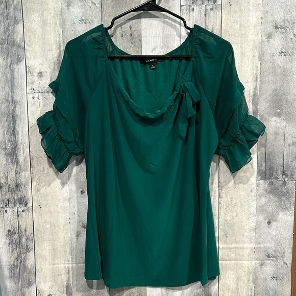 Womans Liz McCoy Blouse Green Size Large Sheer Ruffle Arms - Picture 1 of 8